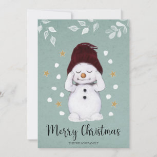 Cute Peaceful Snowman Winter Blue Christmas Holiday Card