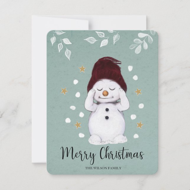 Cute Peaceful Snowman Winter Blue Christmas Holiday Card (Front)