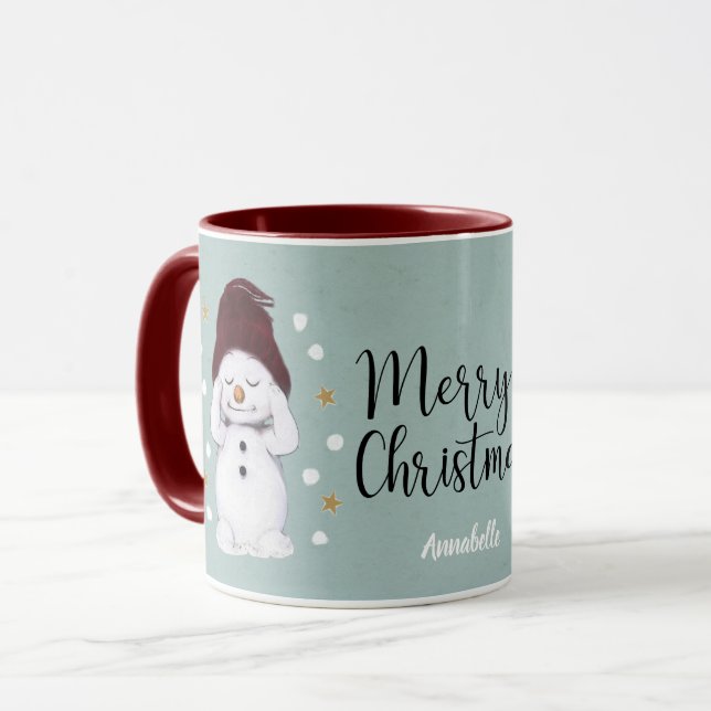 Cute Peaceful Snowman Winter Blue Christmas Mug (Front Left)