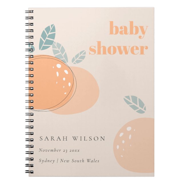Cute Peach Blush Orange Fruity Bold Baby Shower Notebook (Front)