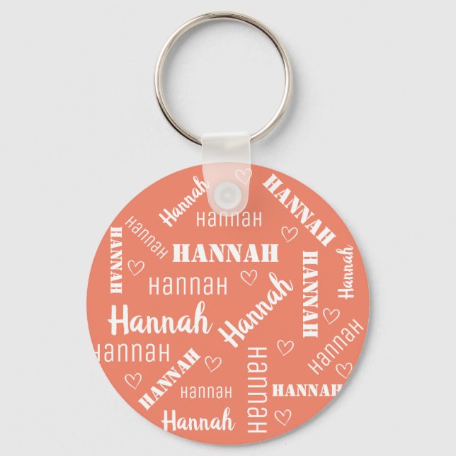 Cute Peach Colour Word Art Cloud Hearts Name Custo Key Ring (Front)