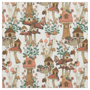 Cute Peach Cottagecore Floral Mushroom Pattern Fabric