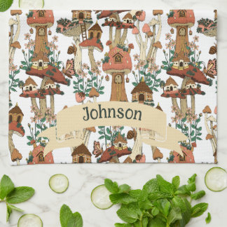 Cute Peach Cottagecore Floral Mushroom Pattern Tea Towel