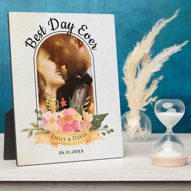 Cute Peach Floral Photo Arch Best Day Ever Wedding Plaque (Side)