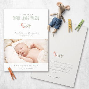 Cute Peach Floral Photo Girl Birth Announcement
