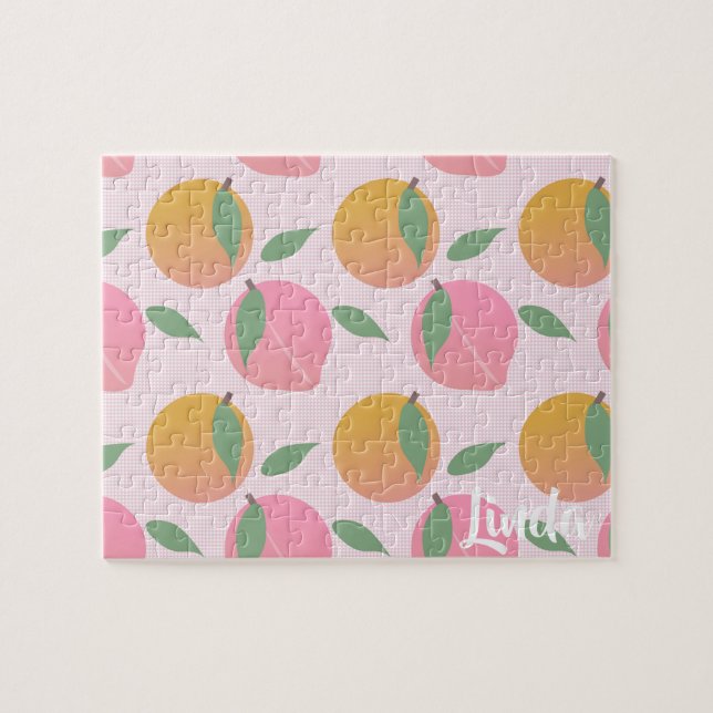 Cute Peach Orange Fruit Pattern Pink Jigsaw Puzzle (Horizontal)