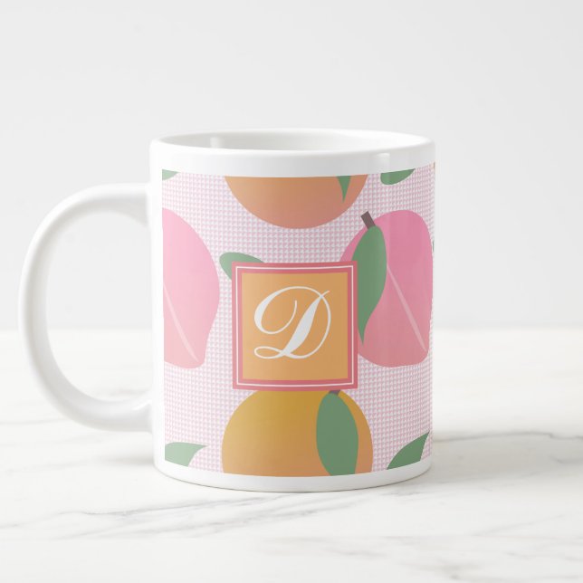 Cute Peach Orange Fruit Pattern Pink Large Coffee Mug (Left)