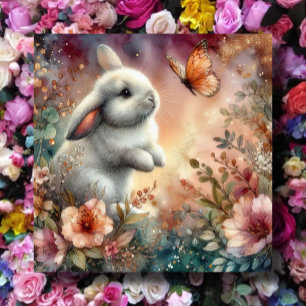 Cute Peach Pink Watercolor Bunny Flowers Easter Holiday Card