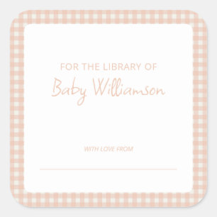 Cute Peach Plaid Gingham Baby Shower Bookplate Square Sticker
