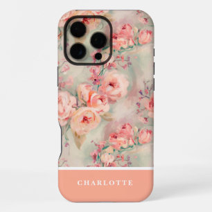 Cute Peach Roses Custom Name Floral iPhone 16 Pro Max Case