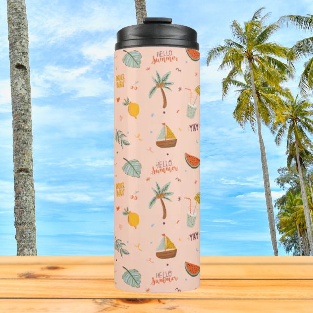 Cute Peach Summer Colourful Thermal Tumbler (Close up, On the table)