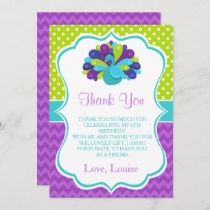 Cute Peacock Green and Purple Birthday Thank You Card