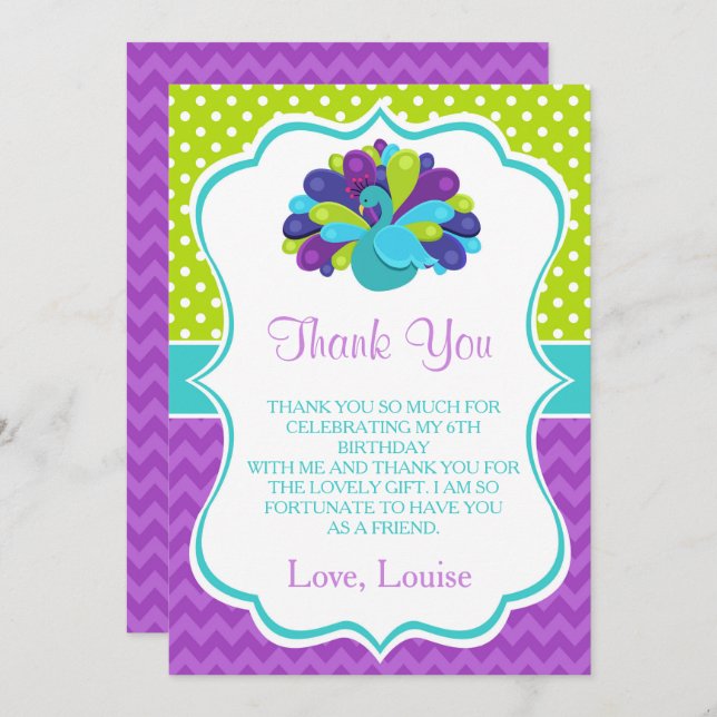 Cute Peacock Green and Purple Birthday Thank You Card (Front/Back)
