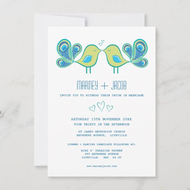 Cute Peacock Love Birds Hearts Wedding Invitation (Front)