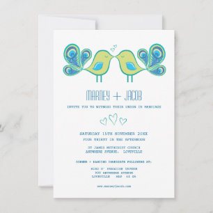 Cute Peacock Love Birds Hearts Wedding Invitation