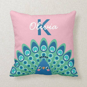 Cute Peacock   Pink Monogrammed Cushion
