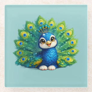 Cute Peacock with Big Eyes Kawaii Bird Design Glass Coaster