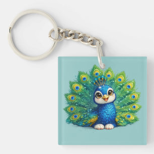 Cute Peacock with Big Eyes Kawaii Bird Design Key Ring