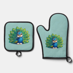 Cute Peacock with Big Eyes Kawaii Bird Design Oven Mitt & Pot Holder Set