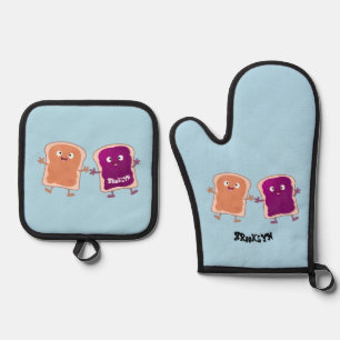 Cute peanut butter and jelly sandwich cartoon oven mitt & pot holder set
