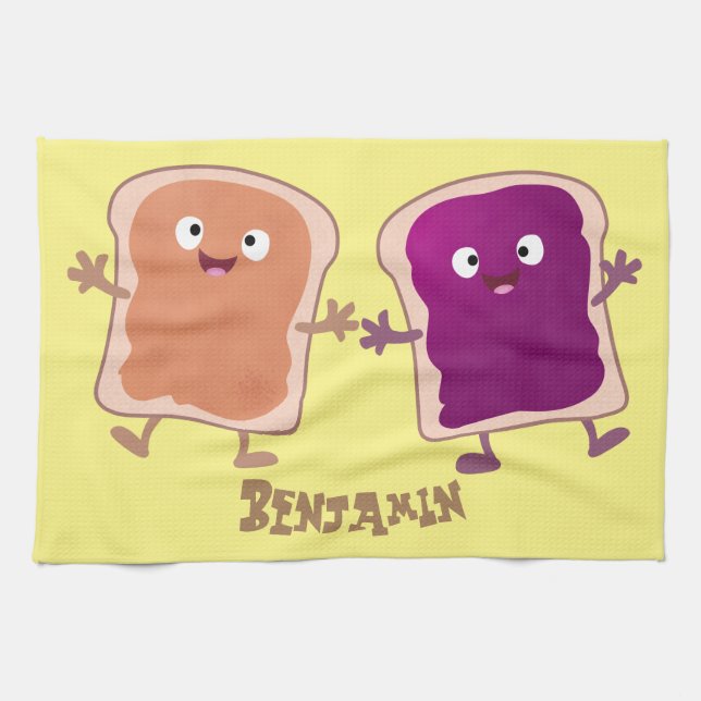 Cute peanut butter and jelly sandwich cartoon tea towel (Horizontal)