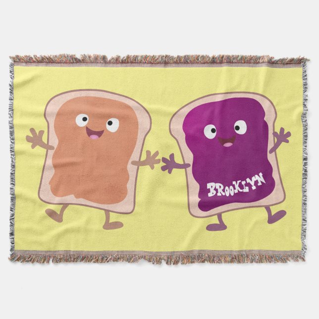 Cute peanut butter and jelly sandwich cartoon throw blanket (Front)