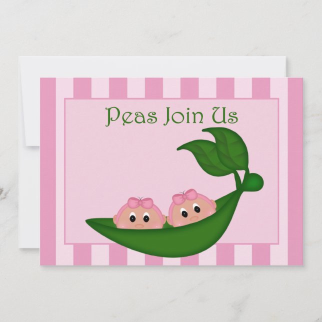 Cute Peapod Twin Girls Pink Stripe Invitation (Front)