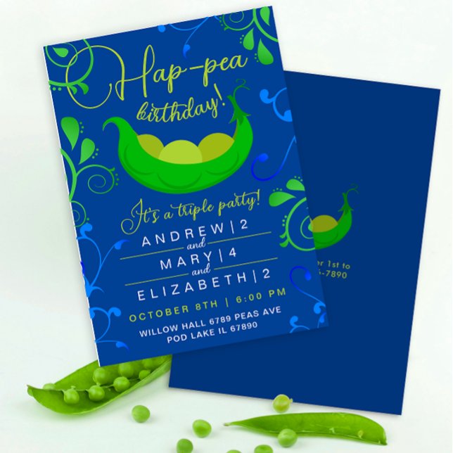 Cute Peas In A Pod Cool Blue Triplets Joint Party  Invitation (Creator Uploaded)