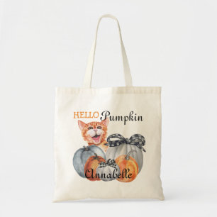Cute Peek a Boo Orange Cat Hello Pumpkin Name Tote Bag