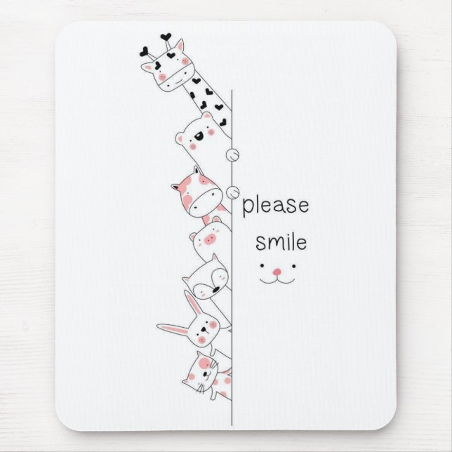 Cute Peeking Animals "Please Smile" Whimsical Spir Mouse Pad (Front)