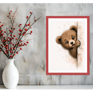 Cute Peeking Bear Wall Art Woodland Cub Print