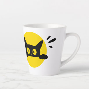 Cute Peeking Black Cat Yellow Circle Latte Mug