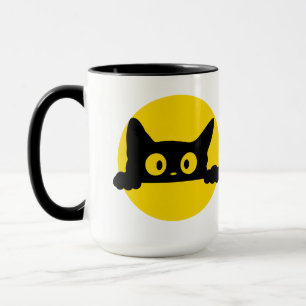 Cute Peeking Black Cat Yellow Circle Two-Tone Mug