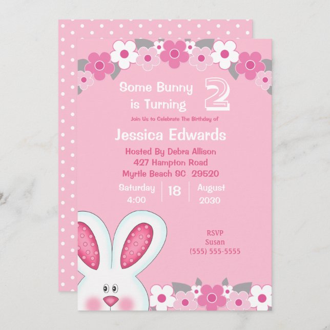 Cute Peeking Bunny Rabbit 2nd Birthday Invitation (Front/Back)