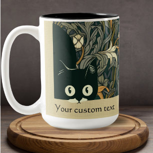 Cute Peeking Cat Art Nouveau Floral Teal Name Two-Tone Coffee Mug