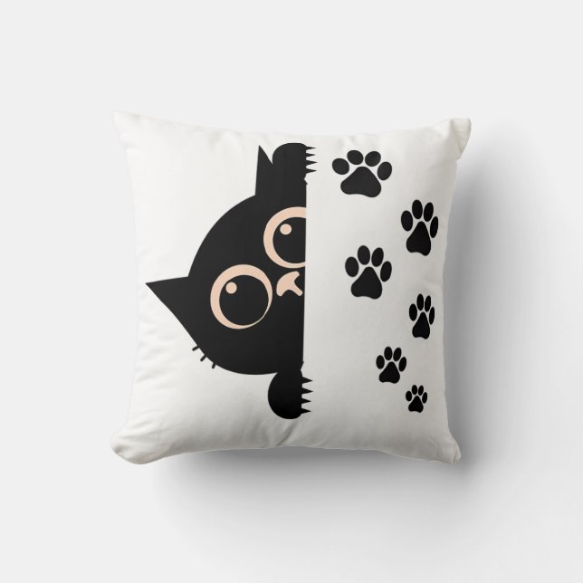 Cute Peeking Cat Pillow with Paw Prints (Front)
