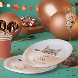 Cute Peeking Cat Rose Gold Custom Birthday Paper Plate