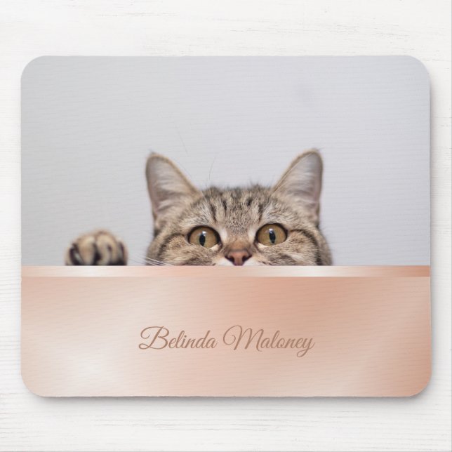 Cute Peeking Cat Rose Gold Monogram Mouse Pad (Front)