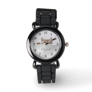 Cute Peeking Cat Silver Foil Monogram Watch