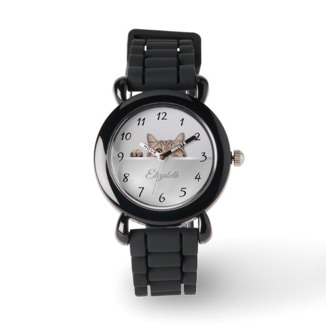 Cute Peeking Cat Silver Foil Monogram Watch (Front)