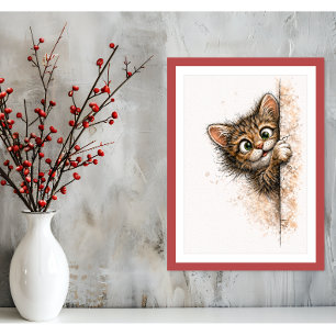 Cute Peeking Cat Wall Art Minimalist Kitty Print