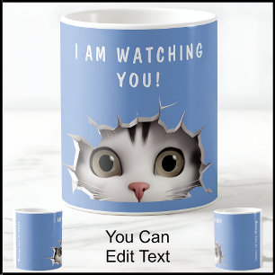 Cute Peeking Cat Watching You Funny Novelty Blue Coffee Mug