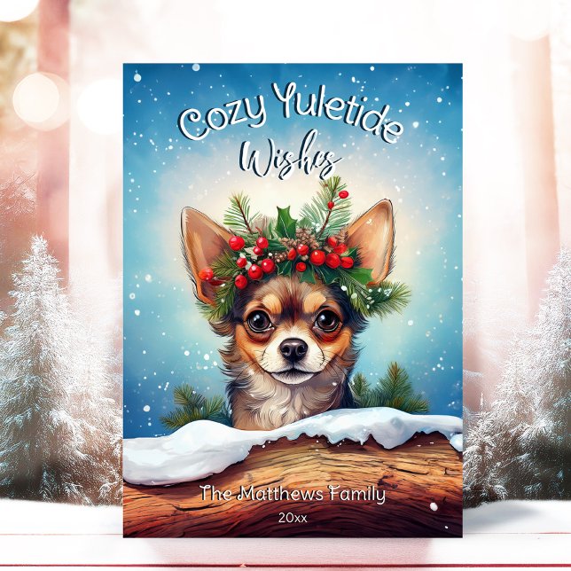 Cute Peeking Chihuahua Cosy Wishes Pine Wreath Holiday Card (Adorable Winter Snowy Scene With Peeking Dogs or Farm/Woodland Animals - Over 50 to Choose From!)