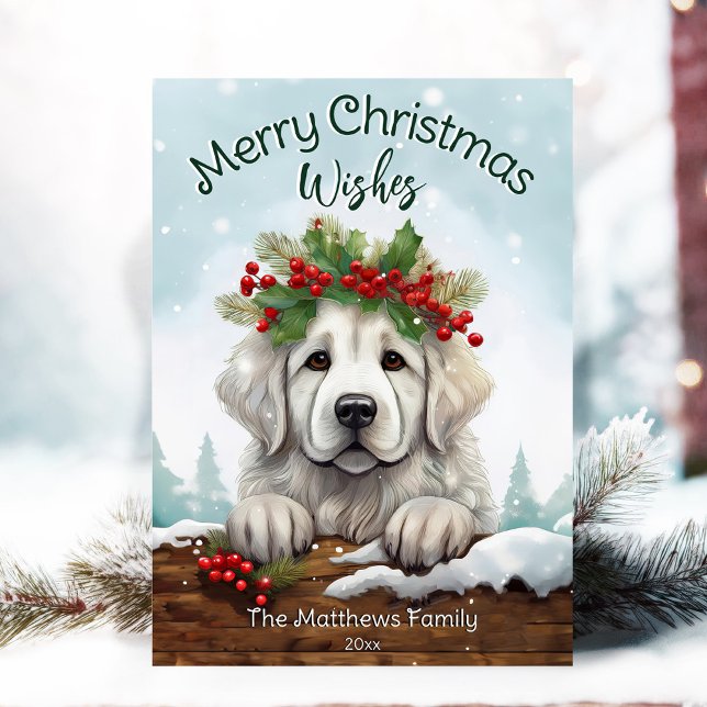 Cute Peeking Great Pyrenees Rustic Pet Portrait Holiday Card (Adorable Winter Snowy Scene With Peeking Dogs or Farm/Woodland Animals - Over 50 to Choose From!)