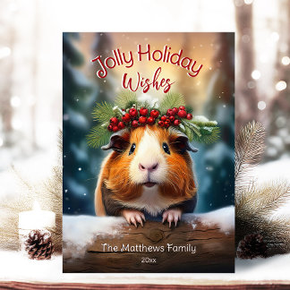 Cute Peeking Guinea Pig Snowy Winter Woodland Holiday Card