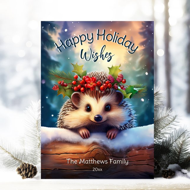Cute Peeking Hedgehog Snowy Winter Woodland Forest Holiday Card (Adorable Winter Snowy Scene With Peeking Dogs or Farm/Woodland Animals - Over 50 to Choose From!)
