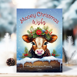 Cute Peeking Jersey Cow Mooey Christmas Snowy Holiday Card