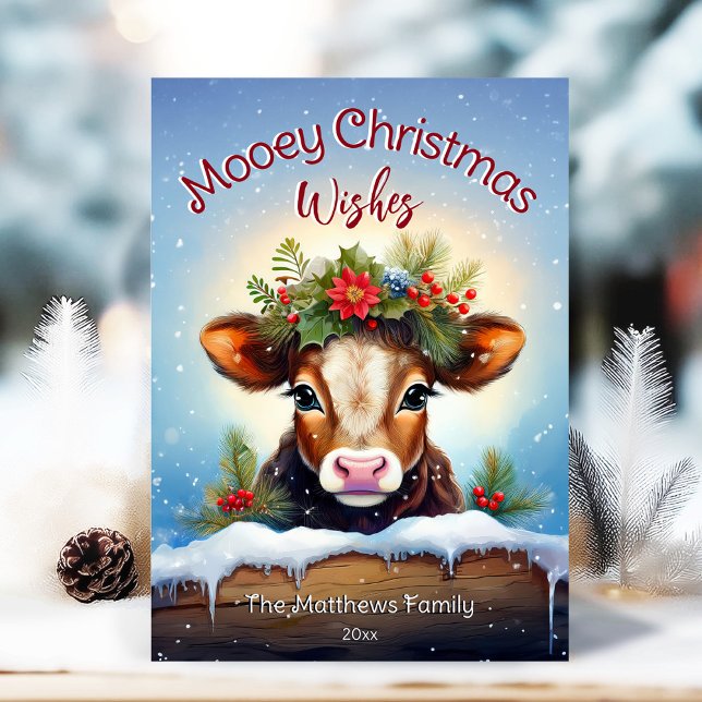 Cute Peeking Jersey Cow Mooey Christmas Snowy Holiday Card (Adorable Winter Snowy Scene With Peeking Dogs or Farm/Woodland Animals - Over 50 to Choose From!)