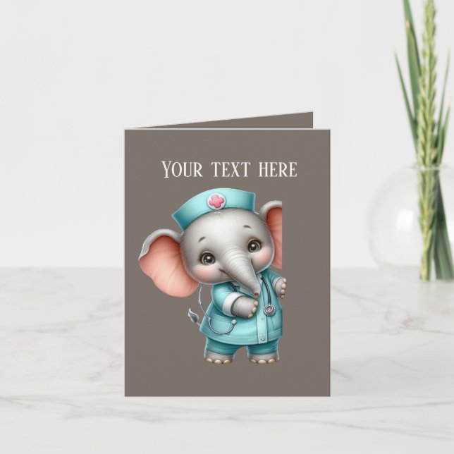 Cute peeking Nurse add message elephant  Card (Front)