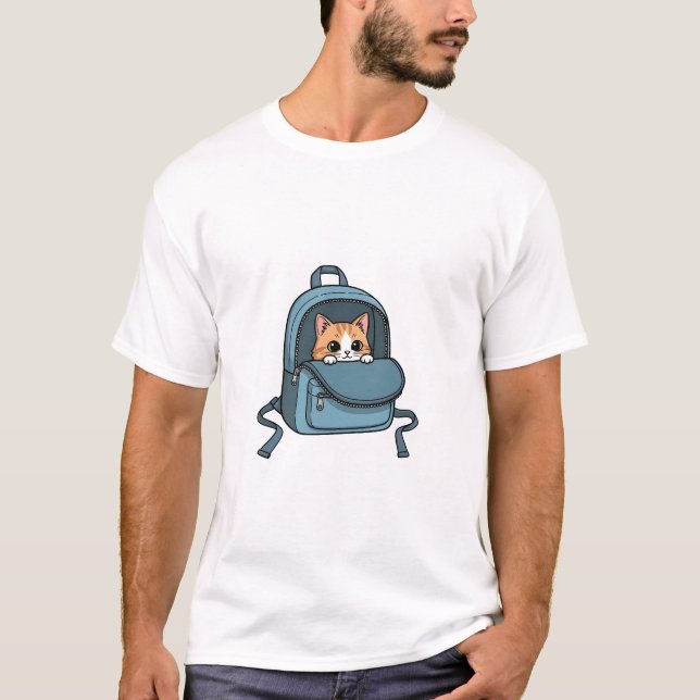 Cute Peeking Orange Tabby Cat in Blue Backpack  T-Shirt (Front)